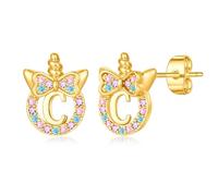 TINGN Boucles d'oreilles licorne pour filles - Argent 925 hypoallergénique - Zircon arc-en-ciel coloré - Boucles d'oreilles avec lettres en or - Bijoux licorne - Cadeau pour fille de 5 à 12 ans, 10 mm