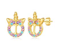 TINGN Boucles d'oreilles licorne pour filles - Argent 925 hypoallergénique - Zircon arc-en-ciel coloré - Boucles d'oreilles avec lettres en or - Bijoux licorne - Cadeau pour fille de 5 à 12 ans