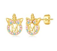 TINGN Boucles d'oreilles licorne pour filles cadeaux - Argent 925 hypoallergénique - Clous d'oreilles zircon arc-en-ciel coloré avec lettres - Boucles d'oreilles or - Bijoux enfants licorne - Cadeau