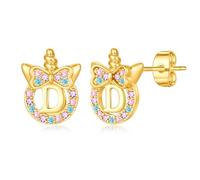 TINGN Boucles d'oreilles licorne pour filles Cadeaux - Hypoallergénique Argent 925 Boucles d'oreilles zircones arc-en-ciel colorées avec lettres en or Boucles d'oreilles pour enfants Bijoux licorne