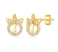 TINGN Boucles d'oreilles licorne pour filles Cadeaux - Hypoallergénique Argent 925 Boucles d'oreilles zircone arc-en-ciel colorées avec lettres en or Bijoux pour enfants Boucles d'oreilles licorne