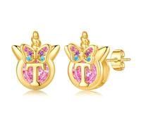 TINGN Boucles d'oreilles licorne pour filles - Cadeaux hypoallergéniques multicolores arc-en-ciel rose zircon lettres fleurs papillon argent 925 boucles d'oreilles enfants bijoux cadeaux pour fille