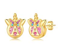 TINGN Boucles d'oreilles licorne pour filles - Cadeaux hypoallergéniques multicolores arc-en-ciel rose zircon lettres fleurs papillon argent 925 boucles d'oreilles enfants bijoux cadeaux pour fille
