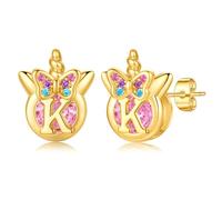 TINGN Boucles d'oreilles licorne pour filles - Cadeaux hypoallergéniques multicolores arc-en-ciel rose zircon lettres fleurs papillon argent 925 boucles d'oreilles enfants bijoux cadeaux pour fille