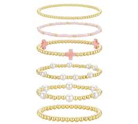 TINGN Bracelet de perles en forme de croix plaqué or 14 carats - Bracelet extensible - Bijoux chrétiens colorés - Cadeaux religieux pour femmes et adolescentes