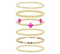 TINGN Bracelet de perles en forme de croix plaqué or 14 carats - Bracelet extensible - Bijoux chrétiens colorés - Cadeaux religieux pour femmes et adolescentes