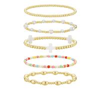 TINGN Bracelet de perles en forme de croix plaqué or 14 carats - Bracelet extensible - Bijoux chrétiens colorés - Cadeaux religieux pour femmes et adolescentes