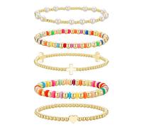 TINGN Bracelet de perles en forme de croix plaqué or 14 carats - Bracelet extensible - Bijoux chrétiens colorés - Cadeaux religieux pour femmes et adolescentes