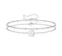 TINGN Bracelet Initiale Femme Argent, Plaqué Or Blanc 14 Carats Double Lettre V Bracelet Initial Disque Bracelet Argent Cadeau pour Adolescentes Personnalisé Bracelet Femme Argent Bijoux Femme Fille