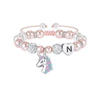 TINGN Bracelet Licorne pour Adolescentes - Rose avec Pendentif, Perles, Lettre Arc-en-Ciel, Initial Argent - Cadeaux Bijoux pour Filles (N)