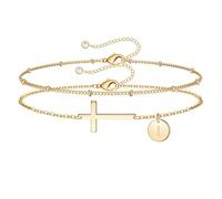 TINGN Bracelet pour femme en or avec croix - Plaqué or 14 carats - Personnalisable - Avec lettres monogrammes - Disques - Bijoux en or - Cadeau de baptême pour femmes et adolescentes