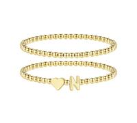 TINGN Bracelet pour femme - Or avec cœur - Plaqué or 14 carats - Avec lettres de A à Z - Bracelet de perles - Cadeau personnalisé pour femme, fille, petite amie, maman, Laiton
