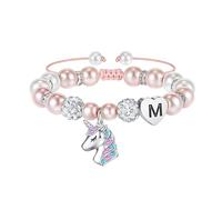TINGN Bracelets Licorne - Perles Roses et Boules de Strass, Bracelet Initiale Coeur pour Filles, Arc-en-Ciel CZ, Cadeaux d'anniversaire pour Filles
