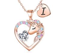 TINGN Cadeau licorne pour fille - Collier licorne pour fille - Plaqué or 14 carats - Collier avec pendentif en forme de cœur avec lettres - Cadeau d'anniversaire pour fille, 18"+2", Or, Zircon cubique