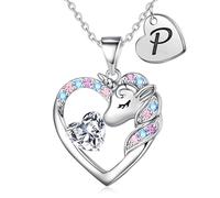 TINGN Cadeau licorne pour fille - Collier licorne pour fille - Plaqué or 14 carats - Collier avec pendentif en forme de cœur avec lettres - Cadeau d'anniversaire pour fille, 18"+2", Or, Zircone