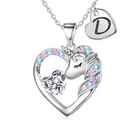 TINGN Cadeau licorne pour fille - Collier licorne pour fille - Plaqué or 14 carats - Collier avec pendentif en forme de cœur avec lettres - Cadeau d'anniversaire pour fille, 18"+2", Or, Zircone