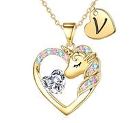 TINGN Cadeau licorne pour fille - Collier licorne pour fille - Plaqué or 14 carats - Collier avec pendentif en forme de cœur avec lettres - Cadeau d'anniversaire pour fille, 18"+2", Or, Zircone
