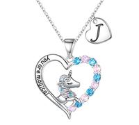 TINGN Cadeau licorne pour fille, or blanc 14 carats, plaqué rhodium, collier avec pendentif en forme de cœur, chaîne de A à Z, cadeau d'anniversaire pour fille, petite amie, nièce, Laiton