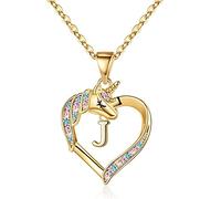 TINGN Cadeaux de Licorne pour Collier en Or pour Fille, 14K Plaqué Or Lettre Chaîne J Licorne Colliers pour Filles Femmes Cadeaux Coeur Pendentif Licorne Collier Cadeau d'Anniversaire pour les Fille
