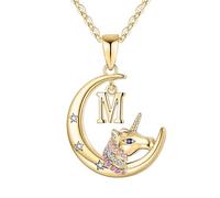 TINGN Cadeaux de Licorne pour Filles, Plaqué 14K Collier Licorne avec Pendentif Croissant de Lune pour Filles Collier Licorne CZ Coloré Lettre M Collier Fille Or Licorne Cadeaux pour Filles Bijoux