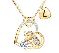 TINGN Cadeaux de licornes pour filles,Colliers en forme de cœur,Pour femmes et filles,Cadeaux d'anniversaire pour filles,Colliers initiaux pour femmes et filles, Laiton, Zircone cubique