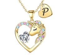 TINGN Cadeaux de Saint-Valentin pour filles - Licorne cadeaux pour fille - Chaîne plaqué or 14 carats - Collier avec pendentif en forme de cœur avec lettres - Cadeau d'anniversaire pour fille, 18"+2",
