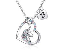 TINGN Cadeaux Licorne pour Fille Collier en Argent, 14K Plaqué Or Blanc Lettre B Licorne Colliers pour Filles Femme Fille Cadeaux Coeur Pendentif Licorne Collier Cadeau d'Anniversaire pour les Fille