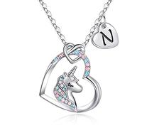 TINGN Cadeaux Licorne pour Fille Collier en Argent, 14K Plaqué Or Blanc Lettre N Licorne Colliers pour Filles Femme Fille Cadeaux Coeur Pendentif Licorne Collier Cadeau d'Anniversaire pour les Fille