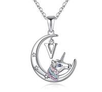 TINGN Cadeaux Licorne pour Filles Collier Lettre, Pendentif Croissant de Lune Plaqué Or Blanc 14k Coloré CZ Licorne Collier V Initiale Licorne Bijoux Enfants Colliers pour Filles Cadeaux Licornes