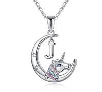 TINGN Cadeaux Licorne pour Filles Collier Lettre, Pendentif Croissant de Lune Plaqué Or Blanc 14k Coloré CZ Licorne Collier J Initiale Licorne Bijoux Enfants Colliers pour Filles Cadeaux Licornes