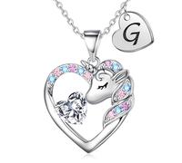 TINGN Cadeaux Licorne pour Filles - Colliers Cœur & Initiales | Bijoux Licorne pour Filles - Cadeaux d'Anniversaire, Noël & Saint-Valentin, 18"+2", Laiton, Zircone cubique