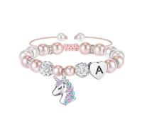 TINGN Cadeaux Licorne pour Filles - Perles Roses et Boules de Strass Bracelets Licorne Initiale Coeur pour Filles Bracelet Licorne Arc-en-Ciel CZ Cadeaux d'anniversaire pour Filles Bijoux Cadeaux (A)
