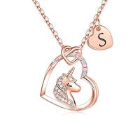 TINGN Cadeaux pour Filles Collier Licorne, Plaqué Or Rose 14 Carats CZ Pendentif Coeur Colliers Licorne pour Filles Chaîne Licorne Lettre S Collier Cadeau d'anniversaire Licorne pour Filles Bijoux