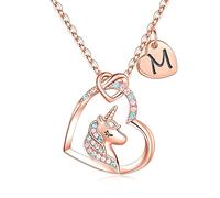 TINGN Cadeaux pour Filles Collier Licorne, Plaqué Or Rose 14 Carats CZ Pendentif Coeur Colliers Licorne pour Filles Chaîne Licorne Lettre M Collier Cadeau d'anniversaire Licorne pour Filles Bijoux