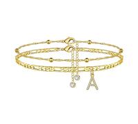 TINGN Chaîne de cheville pour femme - En argent plaqué or 14 carats - Avec lettres de A à Z - Double chaîne de cheville réglable - Cadeau pour l'été, fille, ami, sœur, 21,5 cm (+5 cm Extender), Laiton