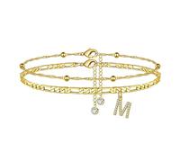 TINGN Chaîne de cheville pour femme - En argent plaqué or 14 carats - Avec lettres de A à Z - Double chaîne de cheville réglable - Cadeau pour l'été, fille, ami, sœur, 21,5 Zentimeter, Laiton