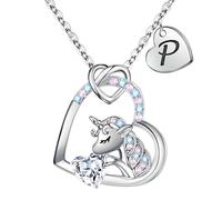TINGN Chaîne licorne pour filles - Pendentif licorne CZ - Chaîne pour fille - Cœur Licorne - Chaîne pour enfants - Collier licorne avec lettres - Bijoux pour enfants - Cadeau d'anniversaire pour fille