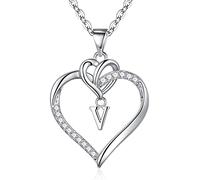 TINGN Collier Argent pour Femme avec Lettres, Chaîne Or Plaquée avec Pendentif Cœur CZ pour Femme Collier Initiale V Chaîne Cœur pour Adolescente Bijoux Cadeaux pour Filles