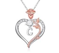 TINGN Collier avec pendentif en forme de cœur en forme de rose pour femme - Plaqué or blanc 14 carats - Avec pendentif en forme de cœur CZ - Lettres - Pour femme - Cadeau d'anniversaire de Noël - Pour