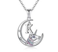 TINGN Collier Cadeaux Licorne pour Filles Bijoux, Plaqué Or Blanc 14K avec Oxyde de Zirconium Lettre K Initiale Collier Licorne Cadeaux Licorne Pendentif Lune Enfants Colliers pour Fille Femme Bijoux