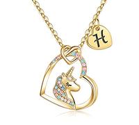 TINGN Collier de Cadeaux de Licorne de Coeur Plaquée par Or 14k avec la Lettre H pour Fille, Bijoux d'Anniversaire de Licorne pour Petites Filles