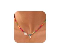TINGN Collier de perles colorées pour femme avec lettres de A à Z, collier de perles colorées pour fille, collier bohème en forme de cœur, bijoux pour adolescentes, filles, cadeaux personnalisés pour