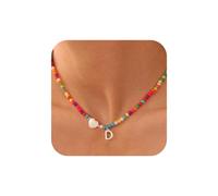 TINGN Collier de perles colorées pour femmes avec lettres A-Z | Collier de perles colorées pour filles | Collier cœur bohème pour femmes | Bijoux pour femmes adolescentes | Cadeau de Noël pour filles