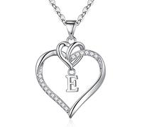 TINGN Collier Fille Plaqué Or Blanc 14 Carats avec Pendentif Cœur CZ et Lettre E - Chaîne Collier Argent Filles et Femmes - Bijoux Filles Cadeaux