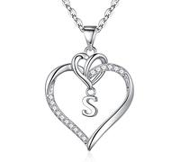 TINGN Collier Lettre avec Coeur pour Femme, Collier Initiale Coeur Plaqué Or Blanc Coeur Pendentif Femme Collier Lettre S en Argent Cadeaux pour Femme Collier Petite Amie Cadeaux Fille Bijoux Femme