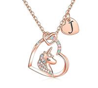 TINGN Collier Licorne Cadeaux pour Filles, Collier Pendentif Licorne en Or Rose 14 Carats Chaîne avec Lettre Collier Licorne Enfants Initiale J Colliers Licorne pour Filles Bijoux Cadeaux pour Filles