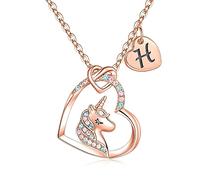 TINGN Collier Licorne Plaqué Or 14 Carats pour Filles et Femmes - Chaîne de Lettre H avec Pendentif Coeur - Cadeau en Or Rose