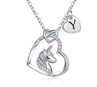 TINGN Collier Licorne, Plaqué Or Blanc 14 Carats CZ Pendentif de Cœur Licorne Collier pour Fille Cadeau Initiale Y pour Femme Cadeaux pour Filles Bijoux