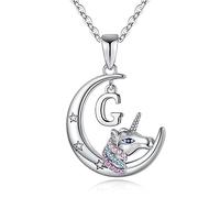 TINGN Croissant Collier Licorne Cadeaux pour Filles, Plaqué Or Blanc 14K Initiale Licorne Colliers pour Fille Pendentif Croissant Licorne Chaîne G Licorne Collier Cadeaux pour Filles Adolescent Bijoux