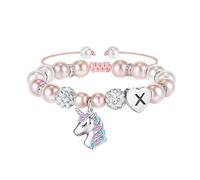 TINGN Licorne Bracelet pour Filles Cadeaux, Bracelets de Perles Roses Bracelet Coeur Filles Initiale Licorne Bracelet à Breloques Cadeaux pour Fille Petite Fille Nièce Licornes Bijoux pour Filles (X)